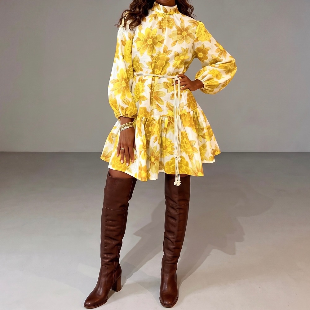 ALEMAIS Sonny Floral Linen Mini Dress Long Sleeve Yellow size 2